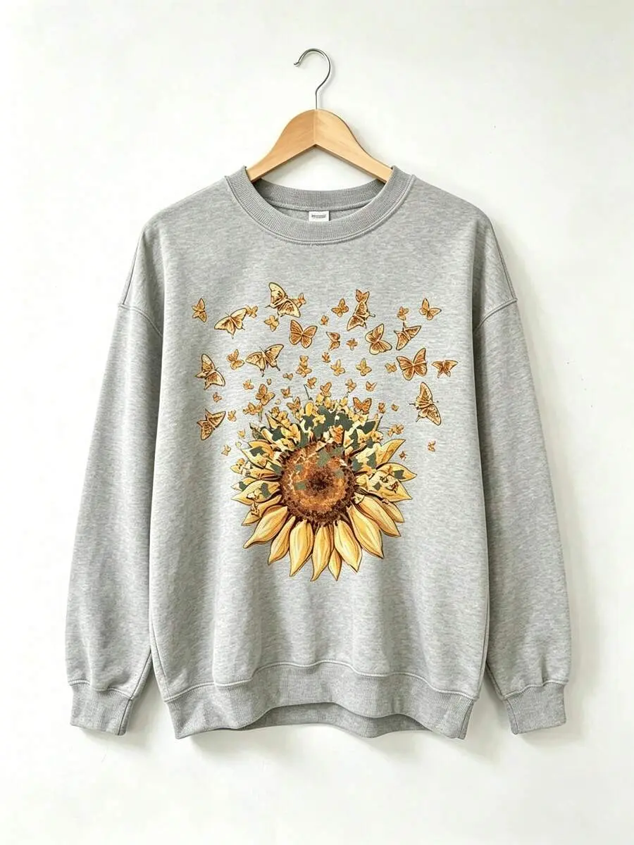 Women Oversized Crewneck Sweatshirt, Vintage Sunflower Golden Butterfly Graphic Pullover, Cottagecore Boho Floral Aesthetic Long Sleeve Top, Soft