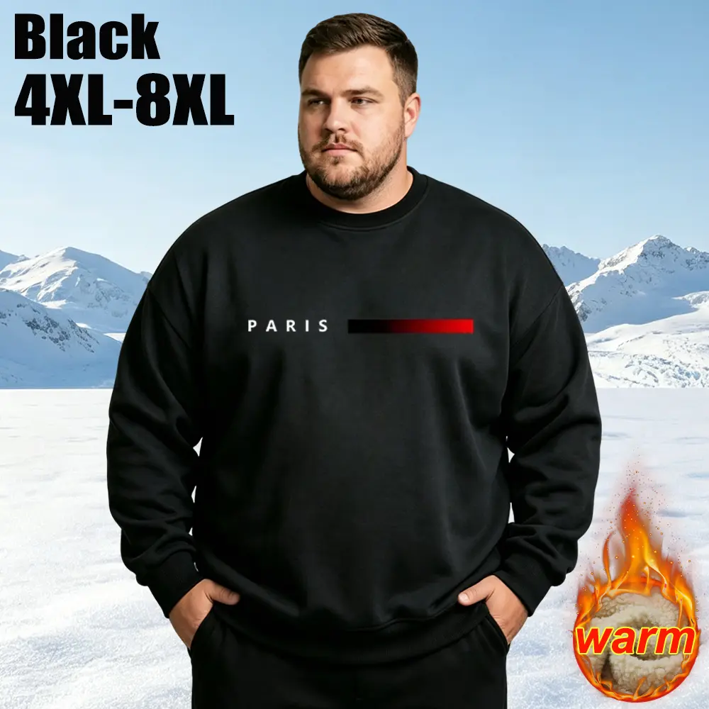 【4XL-8XL】Men’s plus-size autumn/winter fleece-lined sweatshirt with classic crew neck and long sleeves, featuring a relaxed oversized fit; loose casual solid color design that’s simple and versatile—ideal for home wear, everyday outings, and commuting.