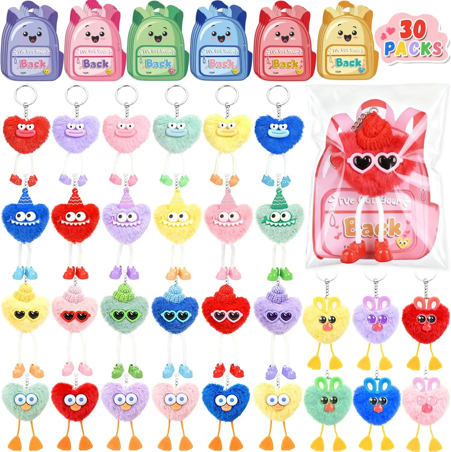Kids’ Size Fluffy Look Animal Shapes Plush Keychains (30-Pack) with Gift Cards & Bags, Fashion Keychain Accessories for School Events & Classroom Prizes