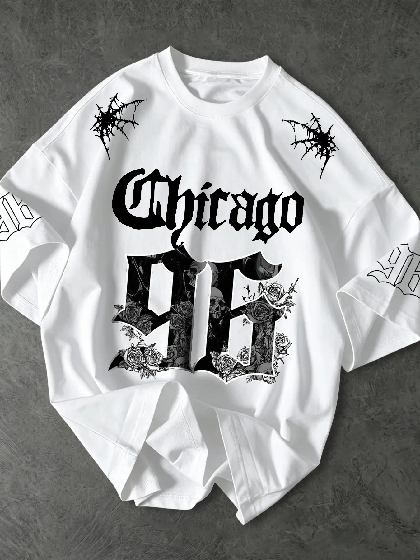 Chicago Gothic Style Classic Style Casual Short Sleeve Round Neck T-Shirt, American High Street Skull Rose Print, Men's Streetwear Loose Fit Casual Top, Casual Graphic Tee