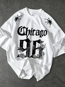 Chicago Gothic Style Short Sleeve Round Neck T-Shirt, American High Street Skull Rose Print, Men's Streetwear Loose Fit Casual Top