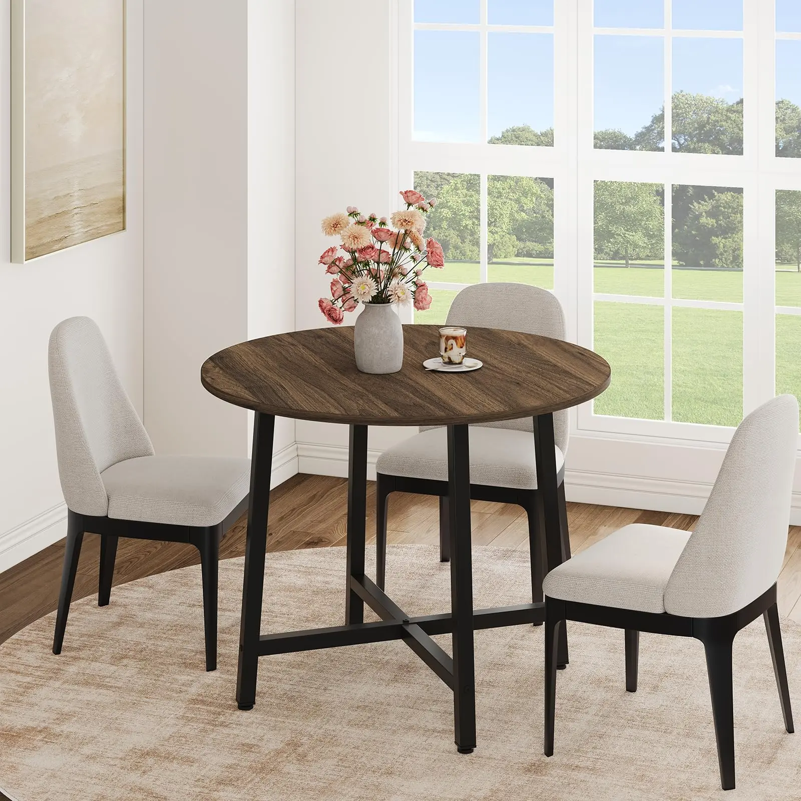 Garvee Small Round Dining Table for 4, 31.5 Inch Kitchen Table Ideal for Small Spaces, Modern Farmhouse Style with Water-Resistant Wood Surface and Sturdy Steel Frame, Perfect for Breakfast Nooks in Brown
