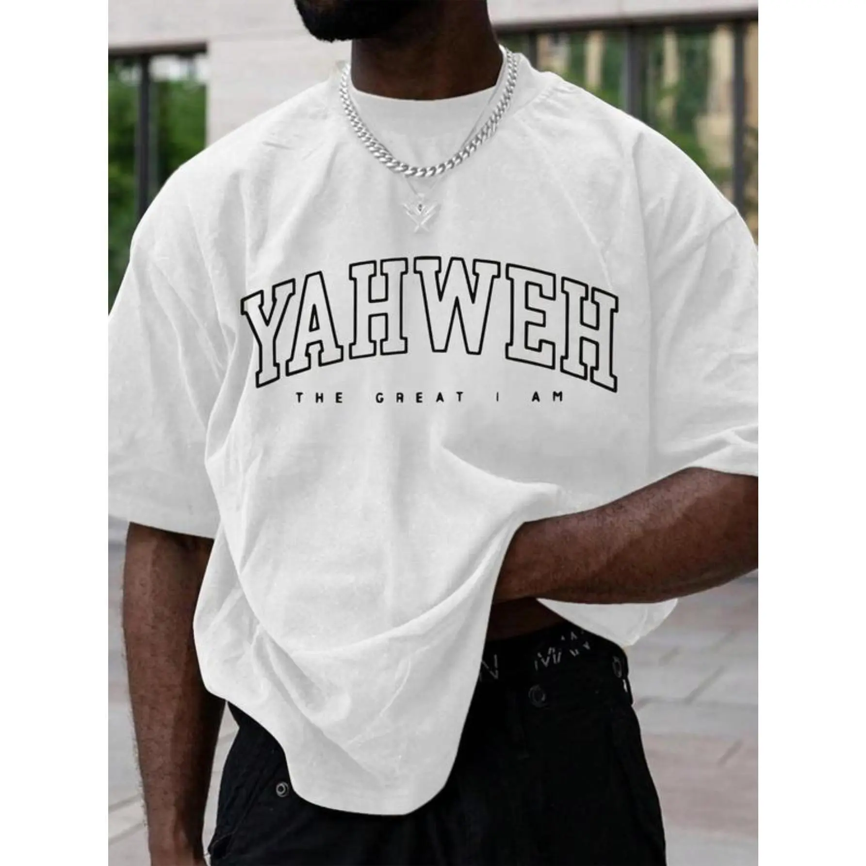 Men's Pure Cotton Breathable Fabric Short-Sleeve Casual T-Shirt - 'Yahweh-The Great I Am' Spiritual Tribute with Faith-Themed Christian Graphic Print