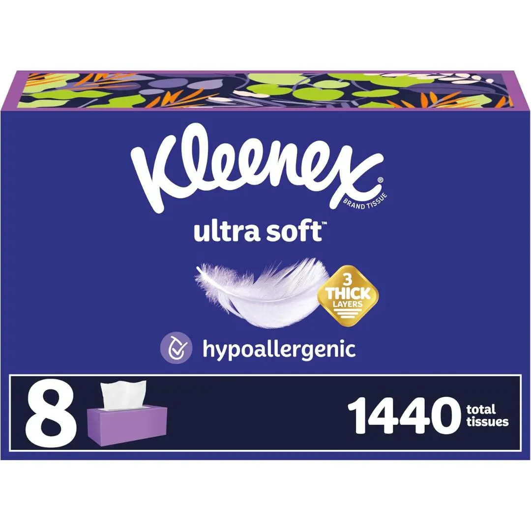 Kleenex Ultra Soft Facial Tissues, 8 Flat Boxes, 180 Tissues per Box, 3-Ply, Packaging May Vary