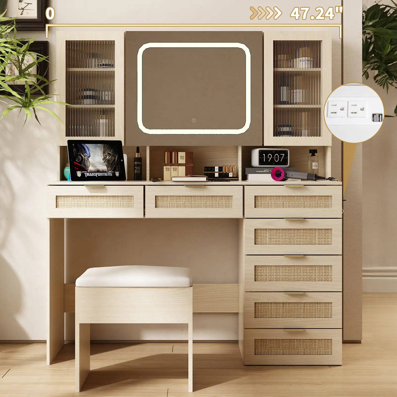 Karlhome Large Rectangular Vanity Table Set with LED Mirror, Rattan Accent, Charging Station Desk, Glass-Door Storage, Drawers, Shelves & Cushioned Stool for Bedroom, Natural, Glass Doors