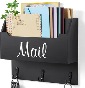 Mail Organizer Wall Mounted, Wooden Mail Sorter & Key Holder for Wall, Hanging Mail Organizer, Black Mail Basket for Home Office