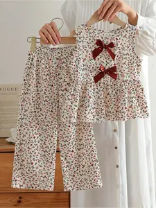 Vintaside Kids Cute Young Girls Apricot Round Neck Sleeveless Floral Print Tank Top With Ruffle Hem And Regular Length Co-Ords