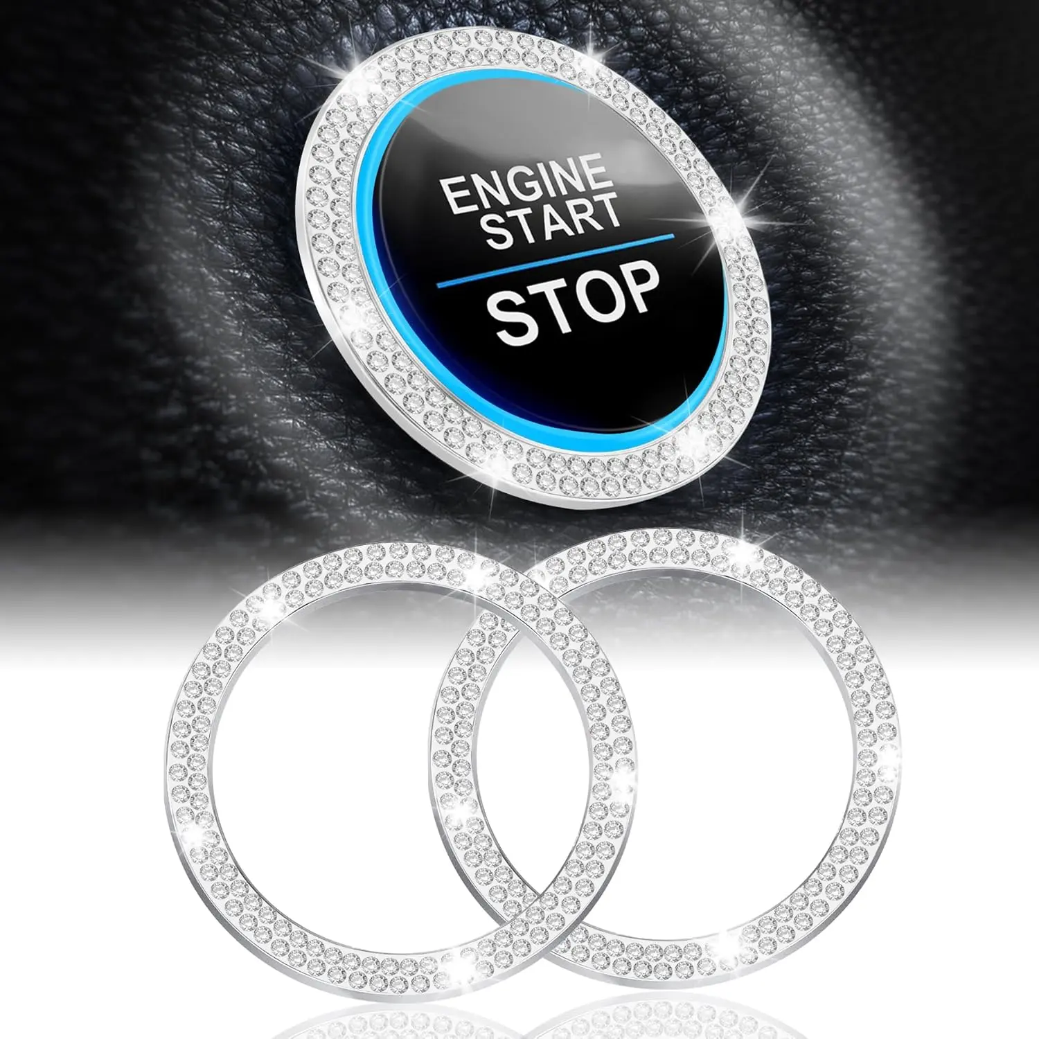 2 Pack Crystal Double Rhinestone Car Engine Start Stop Decoration Ring, Bling Car Interior Accessories for Women, Push to Start Button Cover/Sticker, Key Ignition & Knob Bling Ring, White