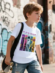 Street Style Kpop Print Boys' T-Shirt, Gradient Color Font, Five-Color Member Silhouette, Loose Fit, Perfect for Streetwear and Skateboarding, Graphic Printed Tee