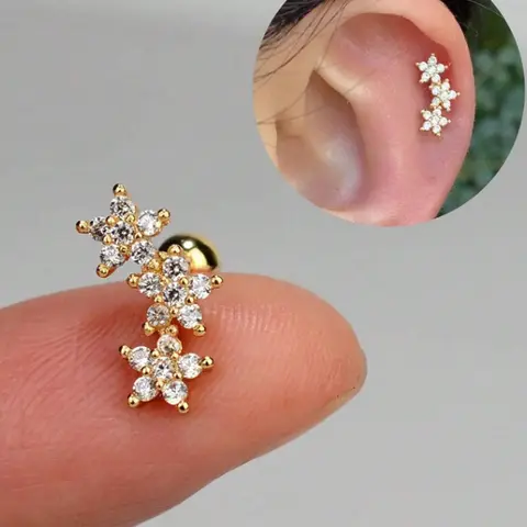 Women's 16 Gauge Cartilage Earring Studs Flower Earrings with Sparkling Cubic Zirconia Flower Design, Hypoallergenic Stainless Steel Dainty Sparkly Conch Tragus Helix Piercing Jewelry for Daily Wear & Parties, Trendy Fashionable Accessories