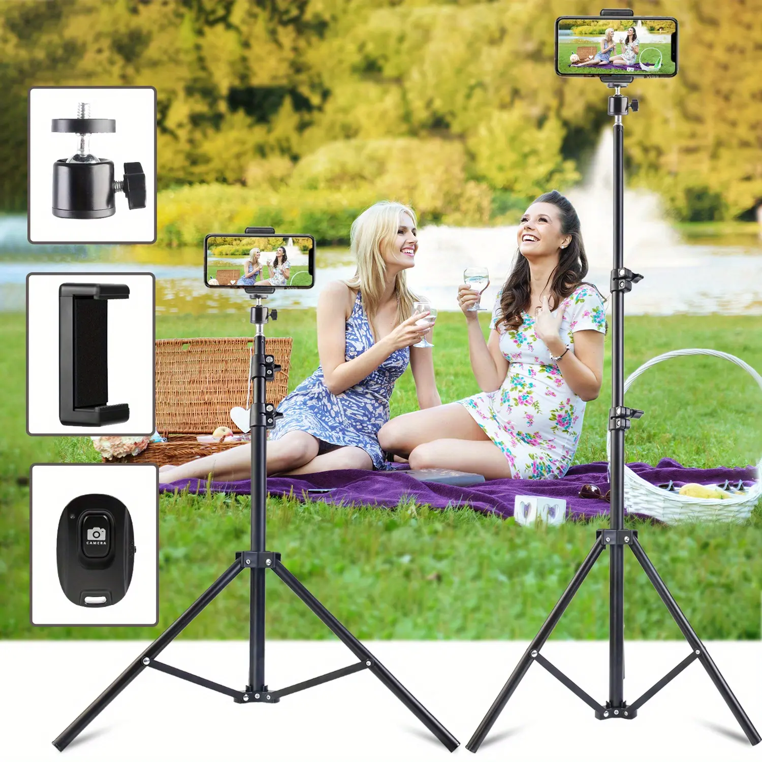 63in/1.6m Extendable Cellphone Selfie Stick Tripod, Compact Folding Rotating Stand with Universal Clip, Wireless Bluetooth Remote Control, Adjustable Aluminum Mount, Silicone Grip, Camera Accessories for Outdoor Photography