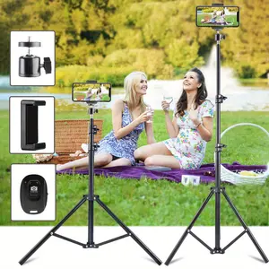 63inch/1.6m Mobile Phone holder Stand Tripod with Universal Clip And Wireless Remote Control rotatable selfie stick , Outdoor Ground Support for Photography Compact Landscape Mount Adjustable Aluminium cellphone mount Bluetooth Extendable Camera Silicone