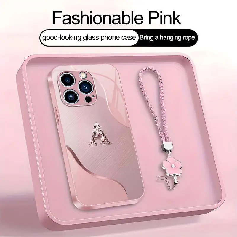 Wave Art 26 letter Phone Case, Suitable for [iPhone 14 Pro Max] high-end women's, Lanyard a beautiful four-leaf clover lanyard is included🍀 952