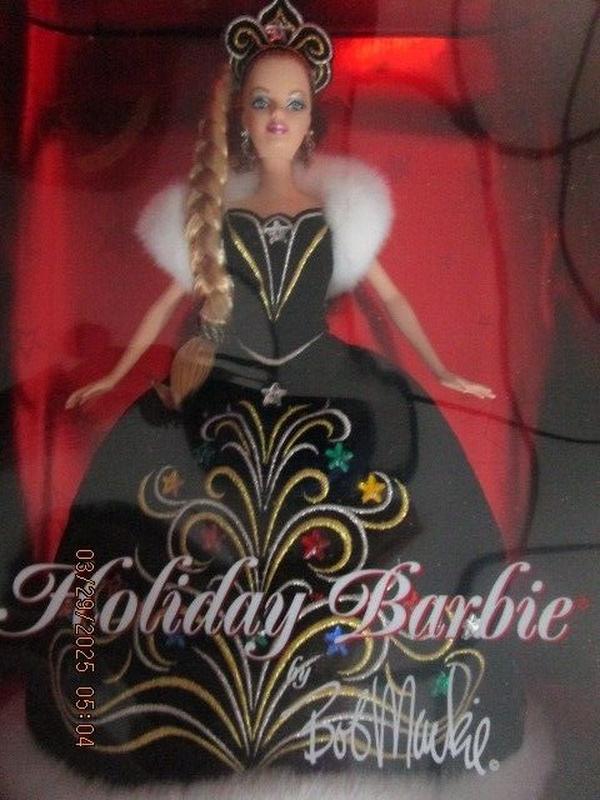 Bob Mackie 2006 Holiday Barbie Doll - New Collectible Toy with Black Gown Gold Star Designs & White Fur Collar