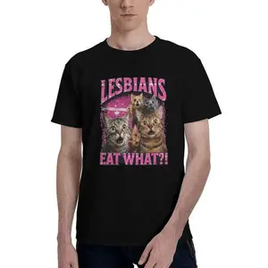 Funny Cat Emoji Print T-Shirt, Classic Round Neck, Eat What? Slogan, Short Sleeve, Summer Loose Fit, Casual Geometric Pattern, All Seasons Top