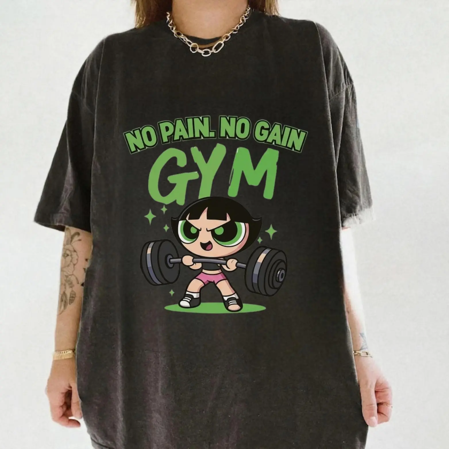 Funny Power-girl Gym Vintage Tshirt, No Pain No Gain Graphic Tee, Anime Workout Shirt, Animation Graphic Tees, Gym Shirt, Unisex T-shirt