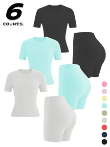 6-Piece Women's Spring Summer Sports Fitness Slim Fit Comfortable Short Pants Short Sleeve Set, Casual Above Knee Mid Waist Clothing