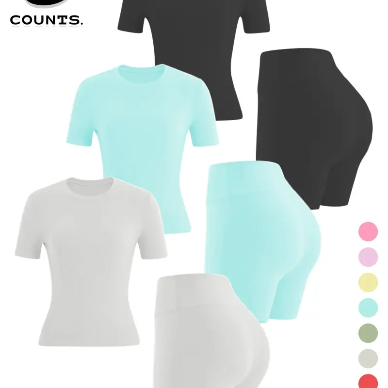 6-Piece Women's Spring Summer Sports Fitness Slim Fit Comfortable Short Pants Short Sleeve Set, Casual Above Knee Mid Waist Clothing, Sport Casual Outfit