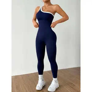 Women's Colorblock Asymmetrical Neck Sleeveless Knit Yoga Jumpsuit, Casual Slim-Fitting Long Sleeve Top for All Seasons