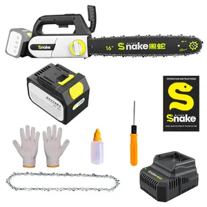 Black Snake 20V 16-inch Cordless Chainsaw, Brushless Electric Chainsaw with two 6000mAh batteries and charger. Features tool-free chain tensioning, automatic oiler, safety lock, and brake. Suitable for tree trimming, wood cutting, and yard work.