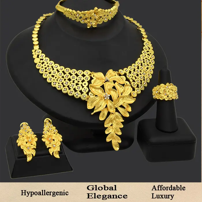 Women's Gold-Plated Alloy 4-Pcs Costume Jewelry Set - Female Adults' Glamorous Rhinestone Leaf Bib Necklace, Drop Earrings, Bangle, Ring, Smooth Build for African/Middle Eastern Outfits, Ideal for Engagement Gifting