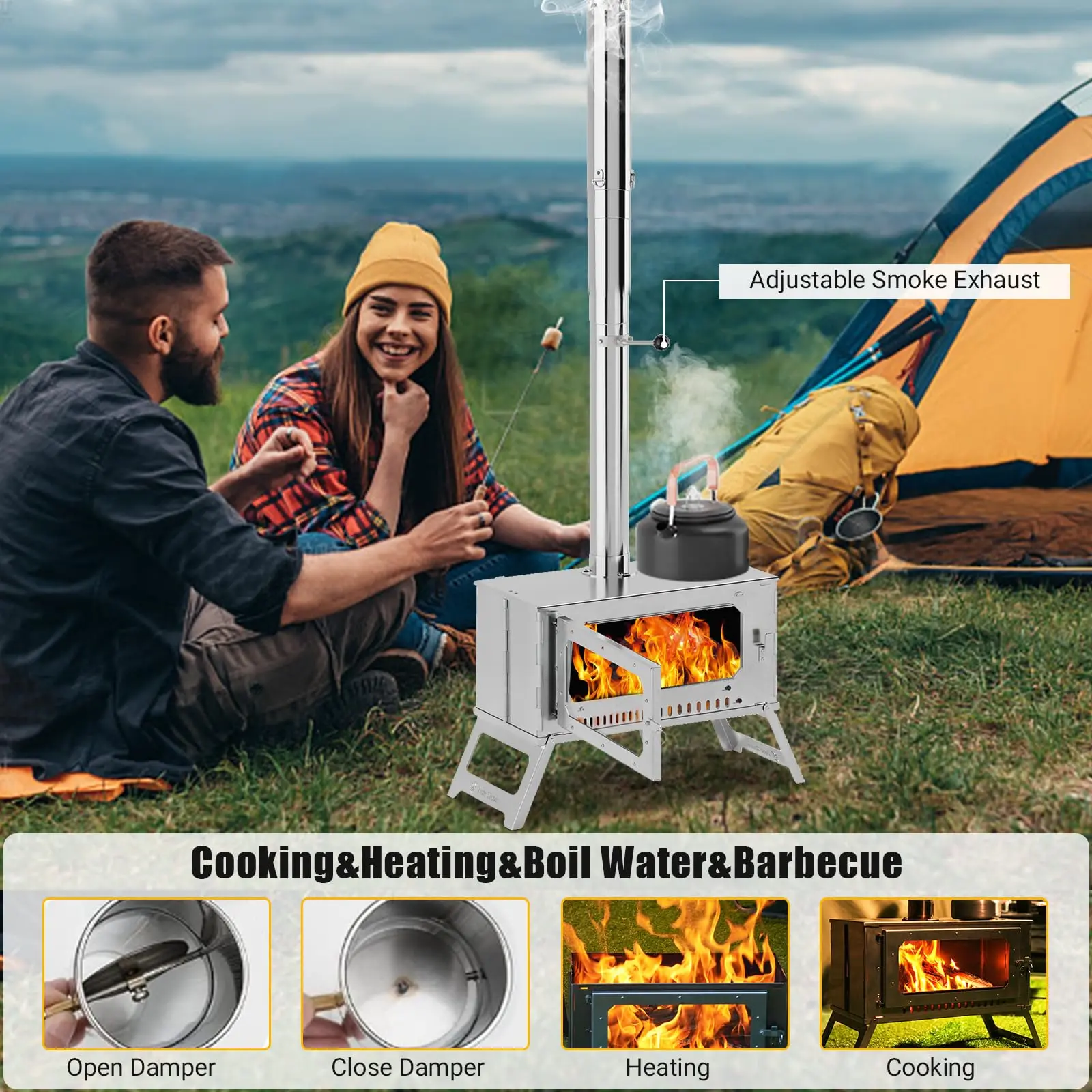 Gaomon Stainless Steel Camping Stove - Collapsible Firebox with Pipes, View Glass, Carrying Bag, Outdoor Cooking Station, Camping Accessory, Backpacking Heating & Cooking Gear, Collapsible Backpacking Stove