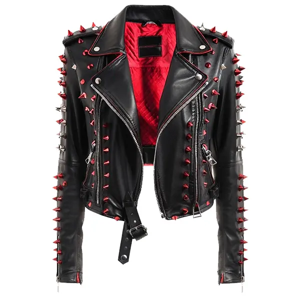 Womens Genuine Leather Studded Motorcycle Jacket, Black Biker Jacket with Red Spikes, Zipper Front, Punk Rock Moto Jacket for WOMEN