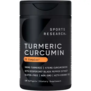 Sports Research Turmeric Curcumin C3 Complex - Softgels with Bioperine Black Pepper Extract & Organic Coconut Oil, Standardized 95% Curcuminoids - Non-GMO Verified & Gluten Free - 500mg, 120 Count