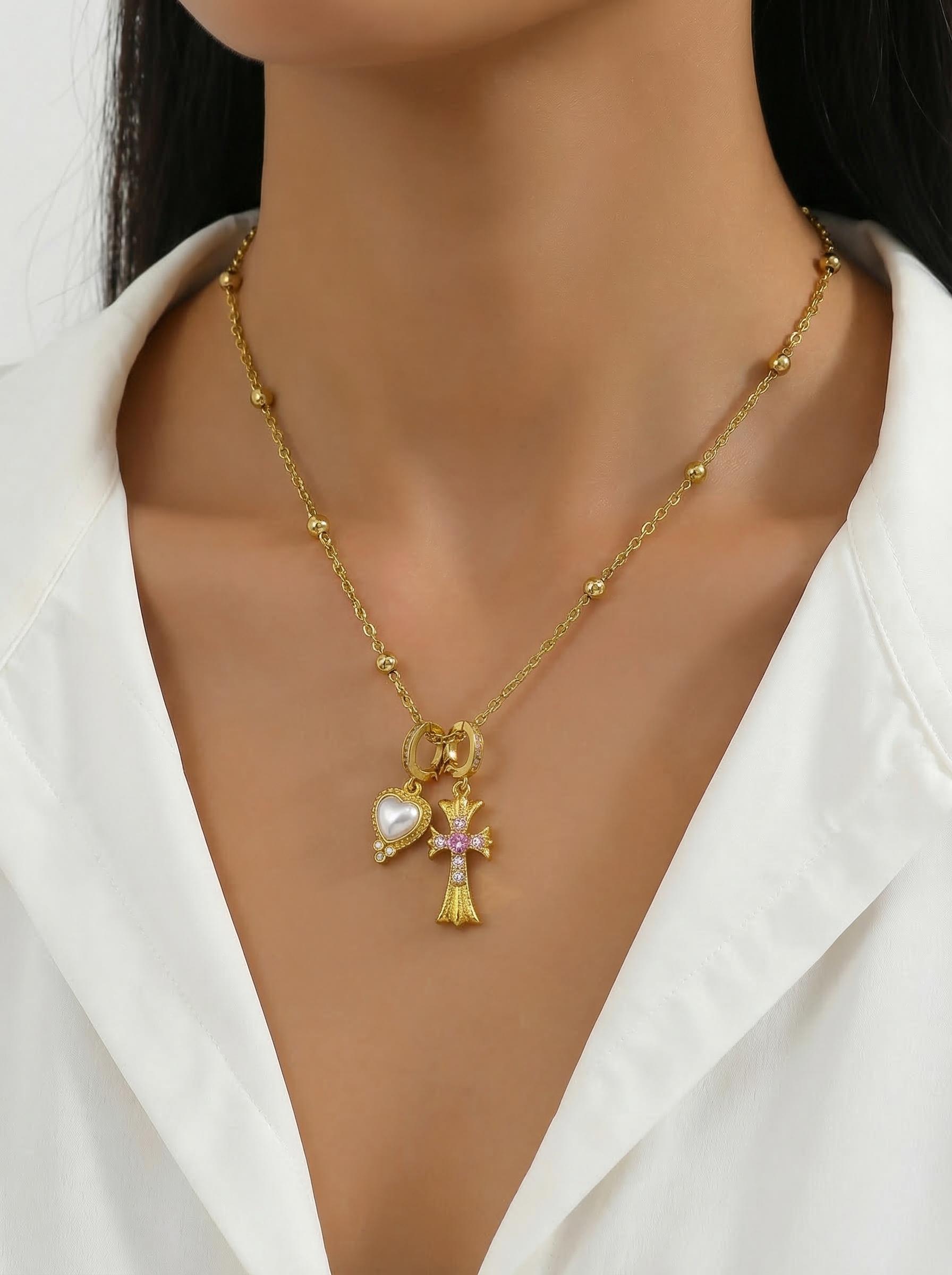 Pink Diamond Cross & Heart Shell Pendant Clavicle Necklace