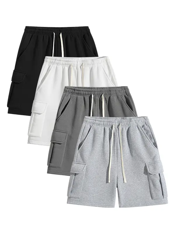 4-pack men’s solid-color loose straight-leg casual cargo shorts; unisex, versatile basic knit solid-color athletic shorts; multi-pocket Hawaiian beach shorts suitable for everyday wear, outdoor activities, and vacations.Men’s summer style—please place you