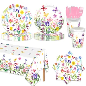 133 Pcs Watercolor Wildflower & Butterfly Party Supplies Set, Disposable Floral Tableware with Plates, Cups, Napkins, Cutlery & Tablecloth, Spring Themed Decor for Garden Tea Party, Bridal Shower, Birthday