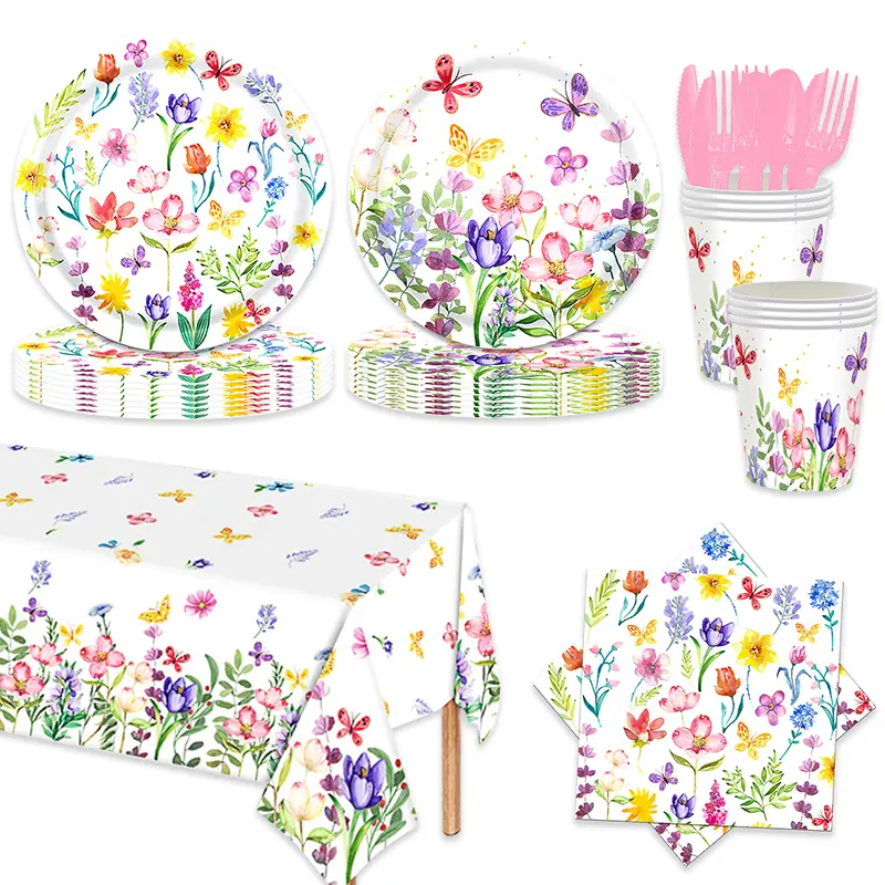 133-Piece Disposable Floral Pattern Watercolor Party Supplies Set - Hot/Cold Safe ABS Tableware (Plates, Disposable Cups, Napkins, Cutlery, Tablecloth) for Flowers, Butterfly-Themed Large Parties, Bridal Shower (Boxed), Plates&Cups