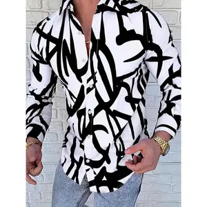 Stylish Pattern Men's Long Sleeve Button Up Shirt, Spring Fall Outdoor, Creative Gift For Men