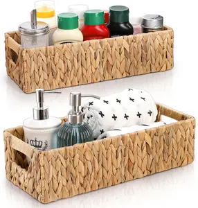 2-Pack Rustic Wicker Storage Baskets with Metal-Reinforced Built-in Handles, Handwoven Water Hyacinth Rectangular Bins, Multi-Size Home Organizers for Bathroom, Kitchen, Rustic Farmhouse Decor Ideal Pantry Gift