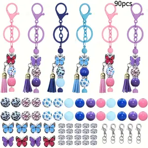 90pcs Butterfly Keychain Tassel Set, Including 8pcs Beaded Keychain Straps, 8pcs Colorful Tassels, 8pcs Small Keychains And 56pcs Beads, Used for DIY Crafts, Pendants, Jewelry Making, Backpack Keychains, Decorative Gifts