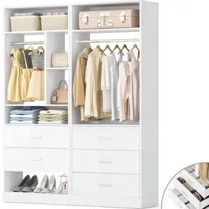 4FT Closet Systems with 5 Wood Drawers, 48 Inch Closet Organizer System with 2 Hanging Rods & 7 Shelves, Heavy Duty 48" Walk-in Closet (48"L x 15" W x 80" H)