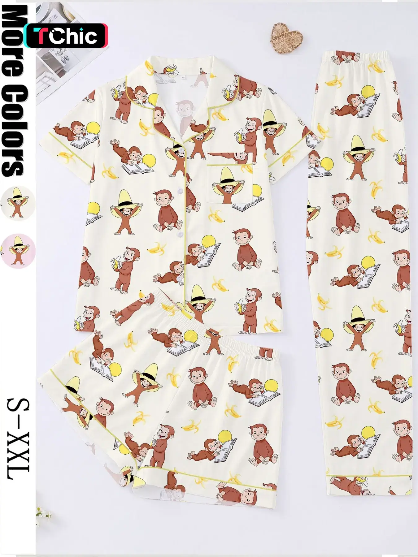 3-Piece Cartoon Monkey Women's Sleepwear Set, Pajama Set, Short Sleeve Button-Up Top, Elastic Shorts and Pants, Comfortable Home Wear, Pyjamas