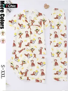 3-Piece Cartoon Monkey Women's Sleepwear Set, Short Sleeve Button-Up Top, Elastic Shorts and Pants, Comfortable Home Wear