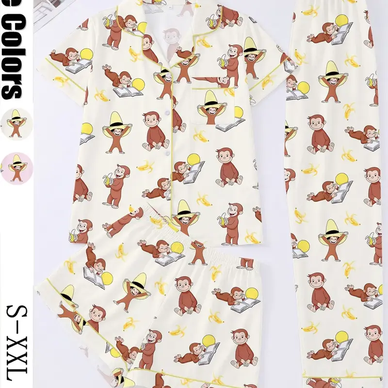 3-Piece Cartoon Monkey Women's Sleepwear Pajama Set, Short Sleeve Button-Up Top, Elastic Shorts and Pants, Comfortable Home Wear, Loungewear Pjs Set