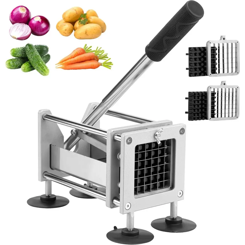 Professional Stainless Steel Kitchen Vegetable Cutter Machine - Sturdy Commercial Utensil for French Fry Lovers, Potatoes, Carrots with 1/2 in, 3/8 in Blades for Prep