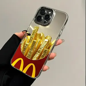 Gold French Fries Mirror Edition Compatible with iPhone 17/16/15/14/13/Pro Max/Pro/Plus Shock-Absorbing Portable Case Trendy Fashion Creative Design Aesthetics Unisex High-Quality Mirror Protective Cover Soft Case