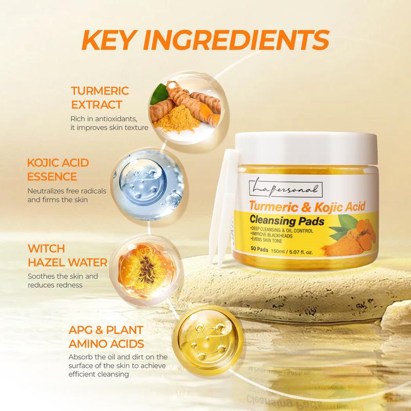 LA.PERSONAL Turmeric & Kojic Acid Cleansing Pads for Deep Cleaning & Blackhead Removal - Gentle Exfoliating Face and Body Scrub Pads
