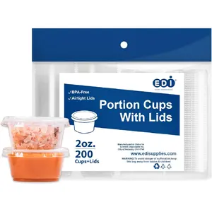 EDI 2 OZ, 200 Sets Clear Disposable Plastic Portion Cups With Leakproof Lids | Jello Shot, Condiment, Dipping Sauce, Souffle | BPA Free | Recyclable
