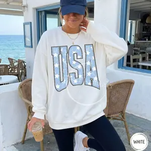 Vintage USA Sweatshirt Distressed Light Blue Stars Preppy Varsity Ladies Teen Crewneck Pullover Patriotic Apparel America 250 4th of July