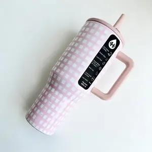 Hydro Jug 40oz Insulated Stainless Steel Tumbler With Handle & Straw Pink Gingham Edition Drinkware Flasks  Drinkware Flasks Mug Bottles Portable Portable Water Bottles Bottled Mug