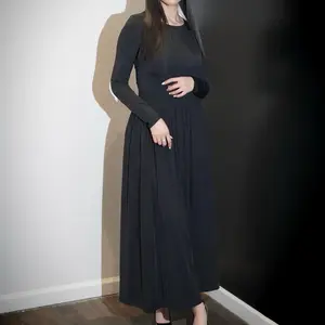 NVME Sophia A Line Dress - Elegant Black Maxi Dress with Long Sleeves and Pleated Skirt for Women