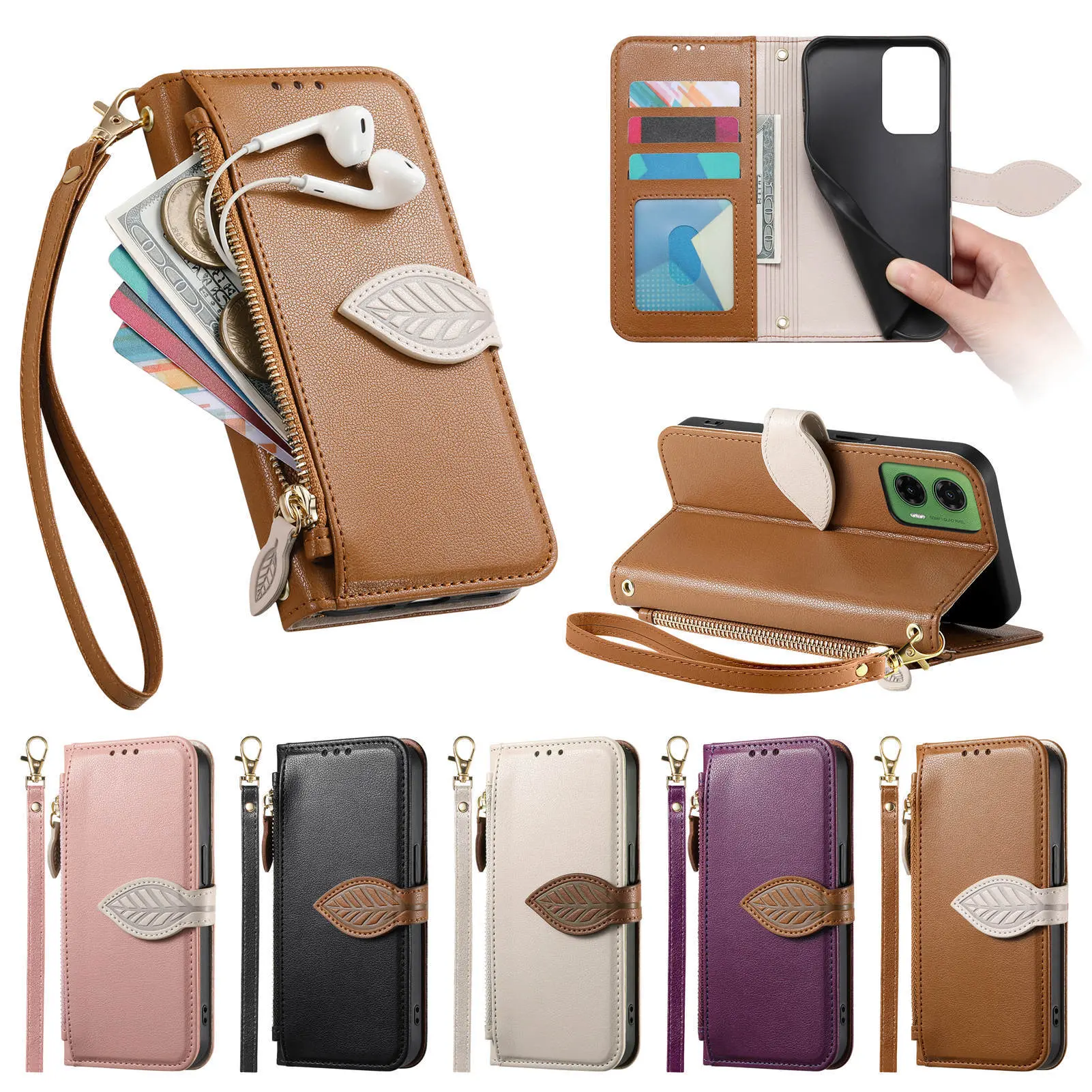 (Case & Nova) Leaf Magnetic Flip Wallet Smartphone Casing with Zipper Pocket, Wrist Strap, Shockproof PU Leather Protection, Cute Handheld Purse for Girls | Slim Stylish Cellphone Accessory for Moto Edge 70 Fusion, Edge 60, G86, G77