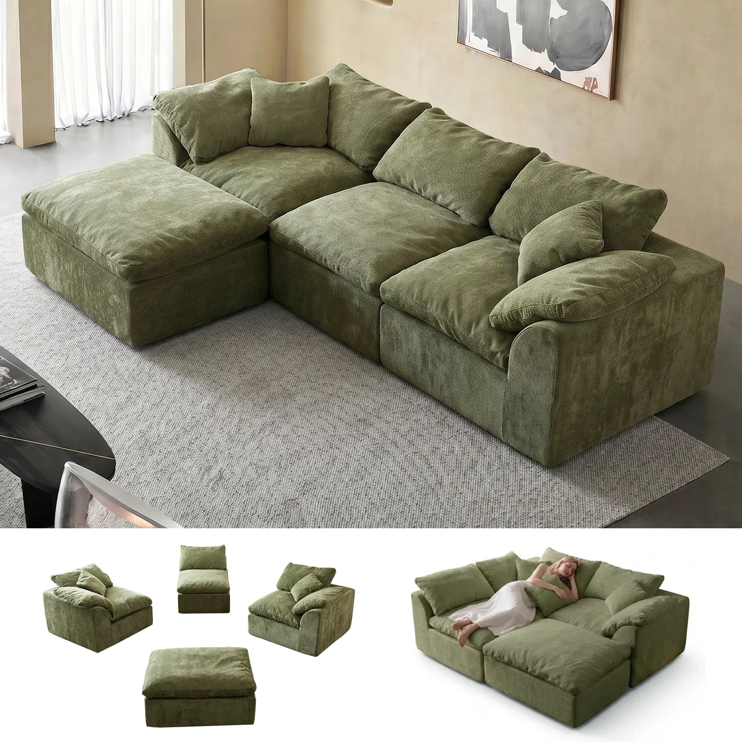 【2 Packages Shipping】EIDOSORIGOS 108"L-Shaped Boneless Cloud Couch, Compressed Sofa, No Assembly Required - Modular Sectional Sofa with Ottoman and Extra-Wide Armrests, Deep Seat Sectional Couches for Living Room, Space-Saving Recliner Design