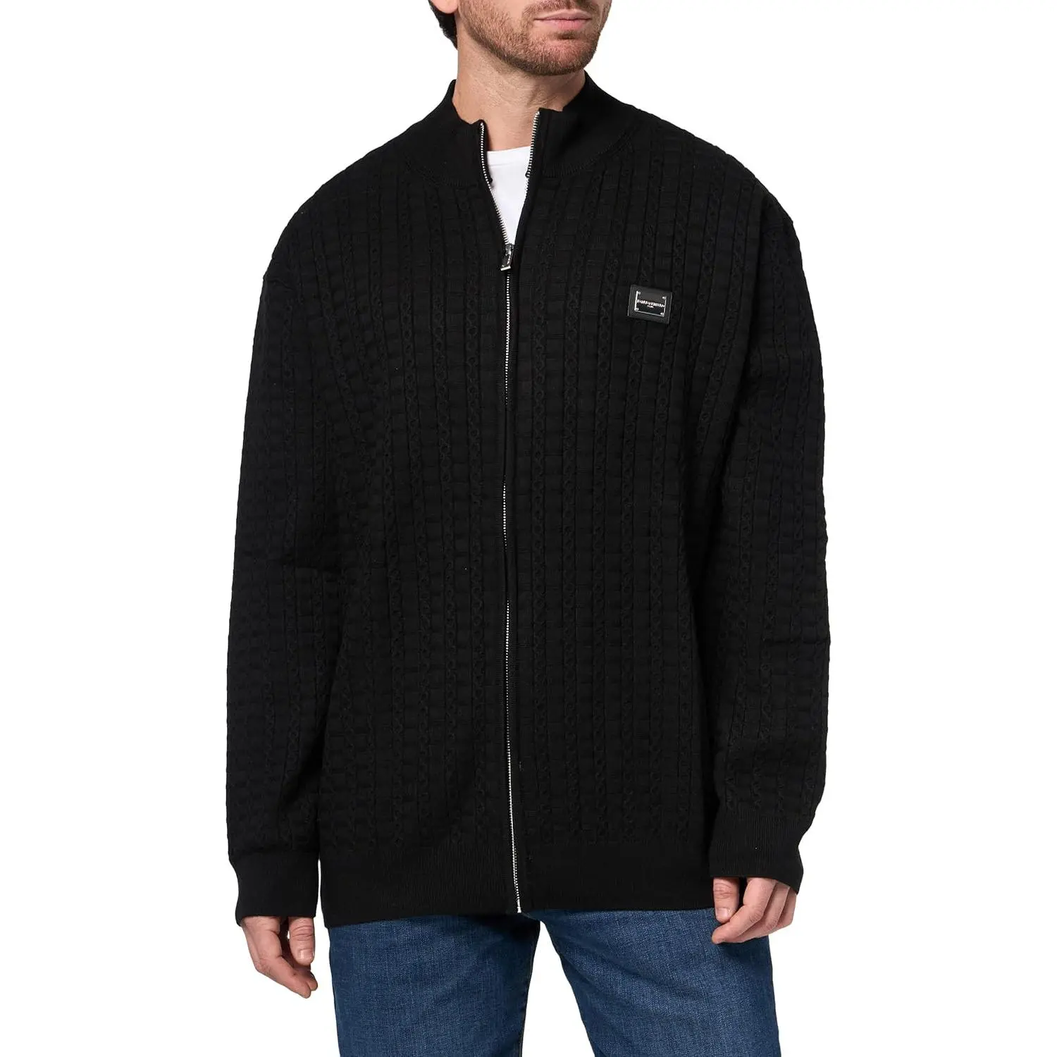 KARL LAGERFELD Men's Funnel Collar 1/4-Zip Casual Longsleeve Top with Chest Logo, Menswear Long-Sleeve Shirt