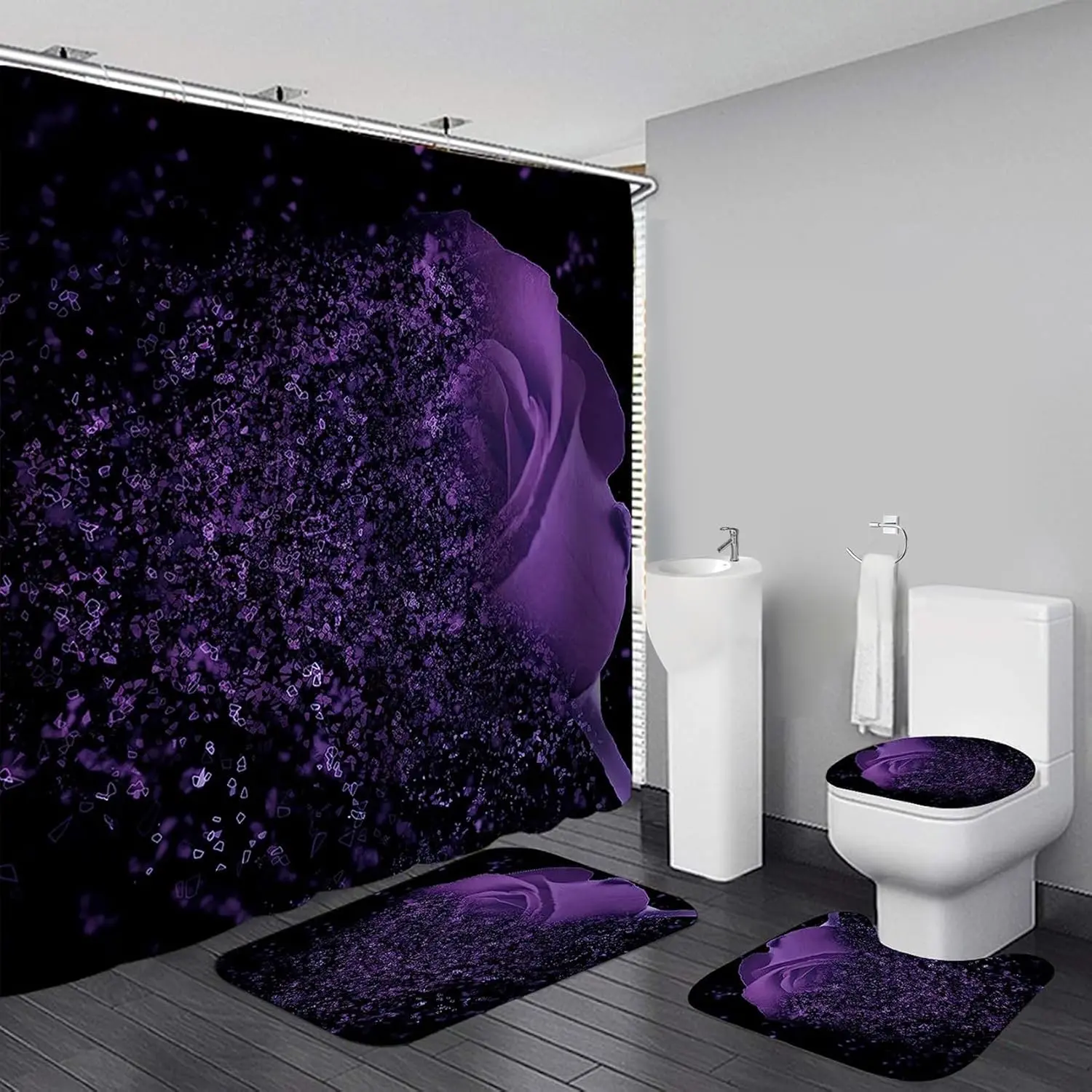 Bathroom Shower Curtain Set, 4-PC Purple Rose Pattern Modern Bath Set - Waterproof Polyester Fabric, HD Printing, Non-Slip Rugs, Toilet Cover, U-Shaped Mat, 12 Plastic Hooks, Pin, 70.9*70.9 Inches, Romantic Mood